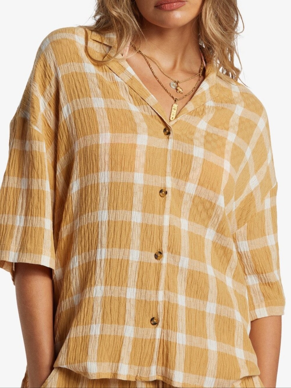 Billabong Women's Mustard Yellow Plaid Button-Front Top Size Medium